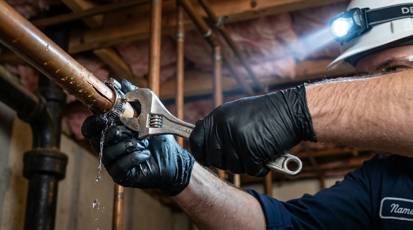 Emergency pipe clamp repair being performed by a Johns Plumbing LLC plumber in Statesboro
