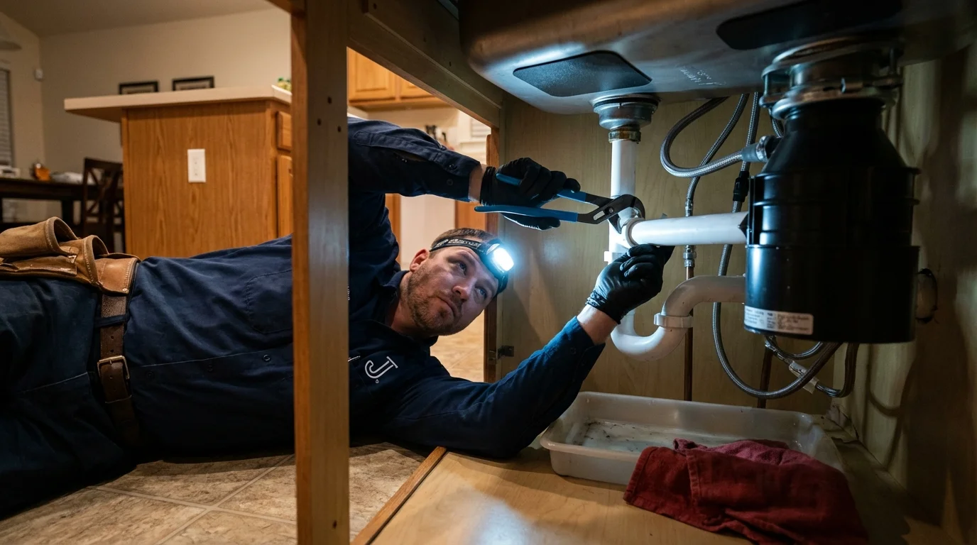 P-trap and supply line connections under a kitchen sink showing a common leak point in Statesboro, GA